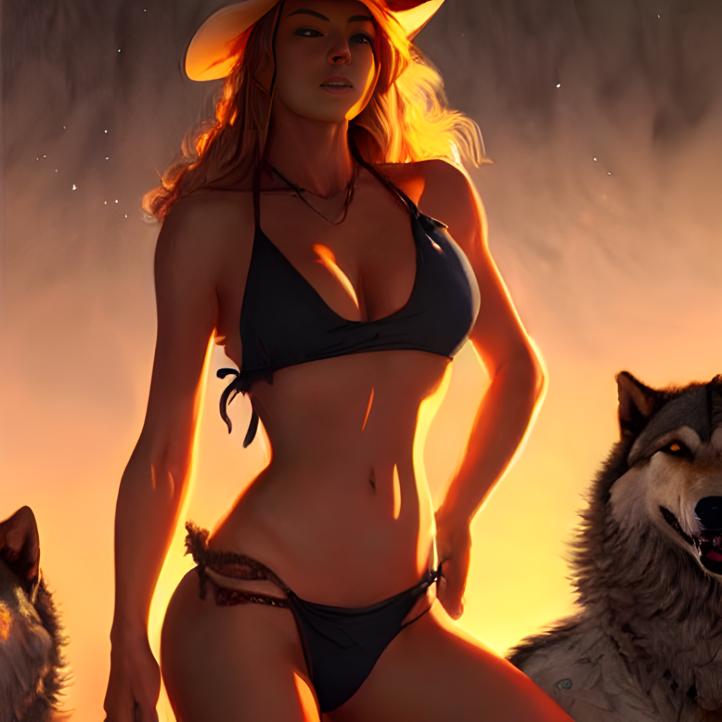 bikini_cowboy_girl_surrounded_by_wolves__realistic_painting__symmetrical__highly_detailed__digital_p_Seed-4942082_Steps-ll50_Guidance-7.5